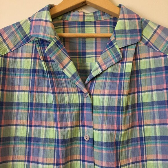 Plaid Pastelcore Seersucker Button Down Short Sleeve Top - Picture 3 of 16